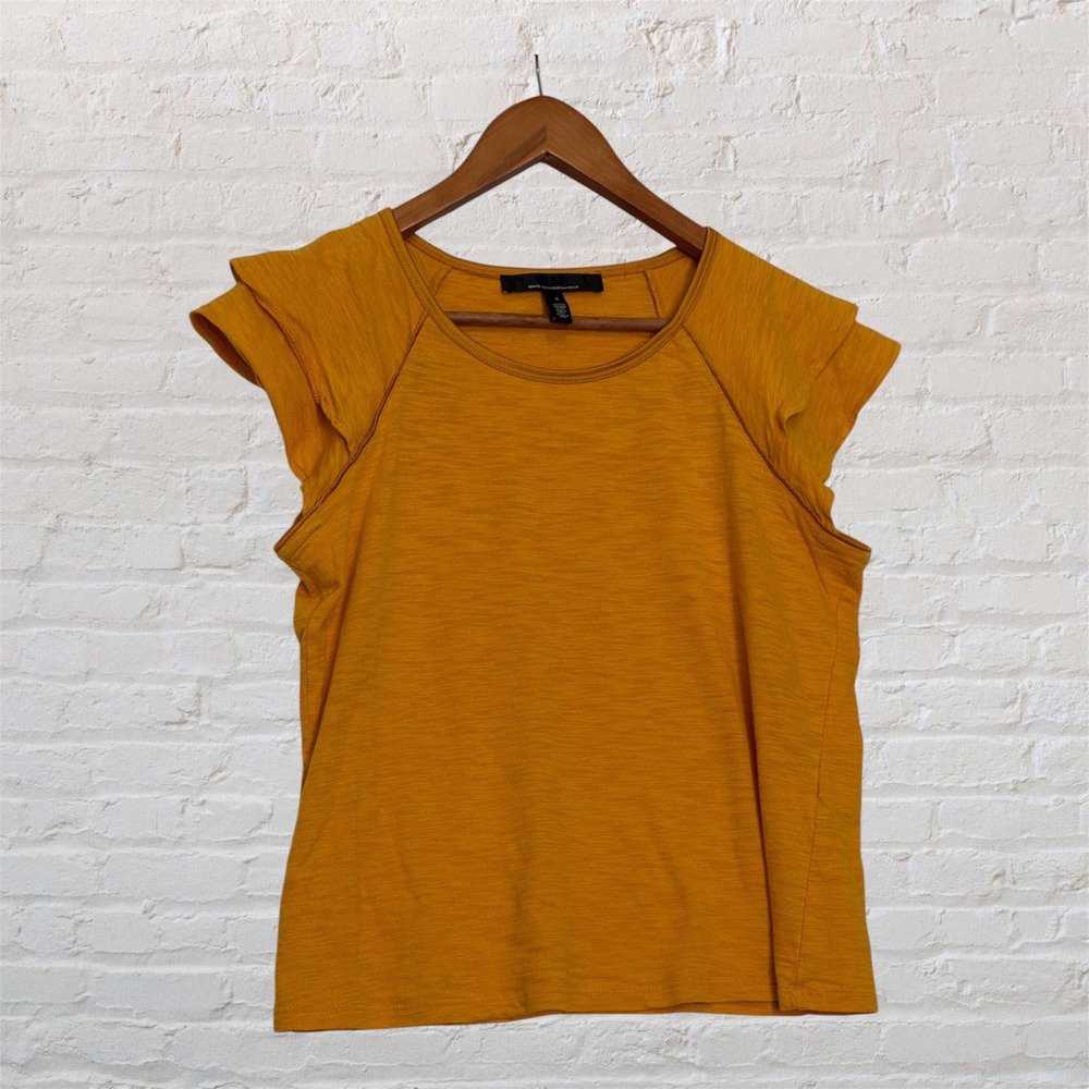 White House Black Market‎ Mustard Yellow Flutter Sleeve Slub Knit Top Small